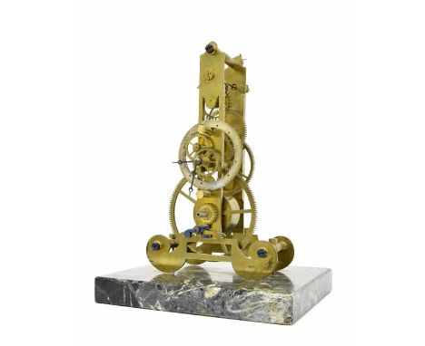 Brass skeleton clock timepiece upon a rectangular green veined marble base, 12" high (pendulum, but missing dome)