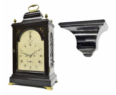English ebonised double fusee bracket clock and bracket, the 7" silvered arched dial signed Stedman & Vardon, New Bond Street