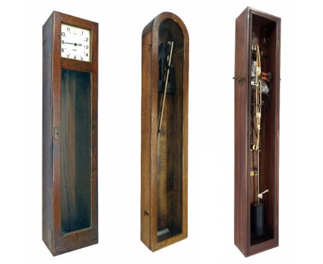Gents master clock, the 8" square cream dial within a glazed mahogany case, 51" high (pendulum); also another mahogany cased 