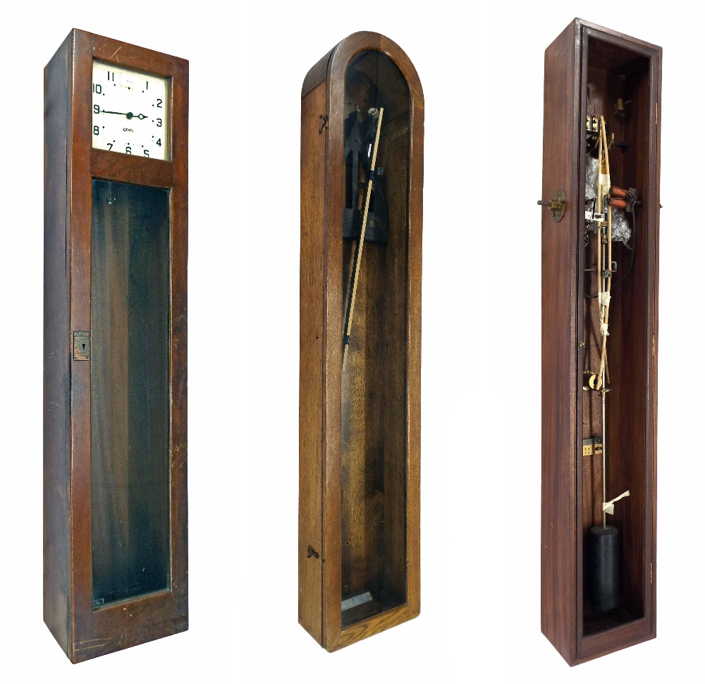 Gents master clock, the 8" square cream dial within a glazed mahogany