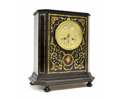 French ebonised and inlaid two train mantel clock striking on a bell, 12" high (pendulum and key)
