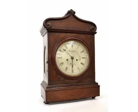 Mahogany double fusee bracket clock in need of restoration, the 8" silvered dial within a stepped case surmounted by a wavy f