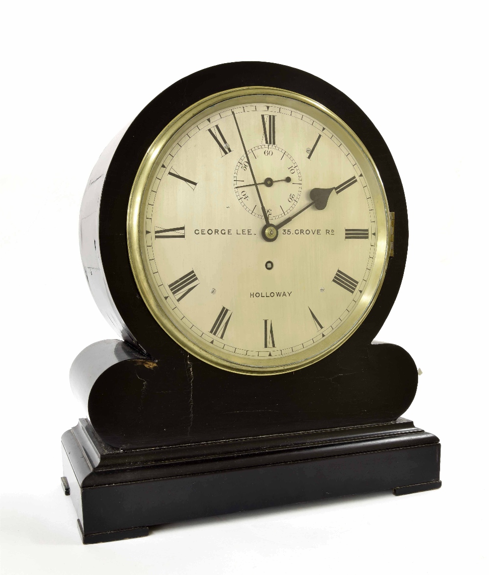 English ebonised single fusee drumhead bracket clock, the 10" silvered