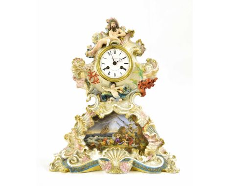 French painted porcelain two train mantel clock of marine inspiration, the 3" white painted dial signed W.B. Promoli, rue de 
