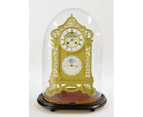 Good French ormolu two train calendar mantel clock, the 4.5" white chapter ring enclosing a recessed visible escapement signe