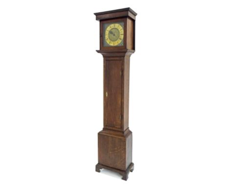 Small oak thirty hour longcase clock, the 9" square brass dial with brass chapter ring enclosing a matted centre with single 