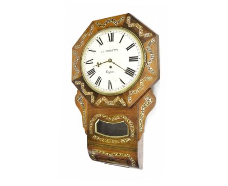 Rosewood single fusee 12" drop dial wall clock signed J.O. Morette, Lynn, within an octagonal surround over a pendulum window