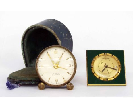 Jaeger LeCoultre travel watch, the 1.25" gilt dial within a square green enamel surround, no. 1107877; also a Talis eight day