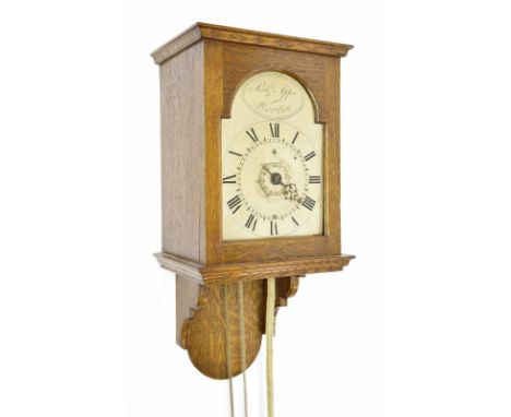 Oak hooded thirty hour wall clock, the 6" silvered arched dial signed Robert Apps, Battle to the arch, over a centre alarm di