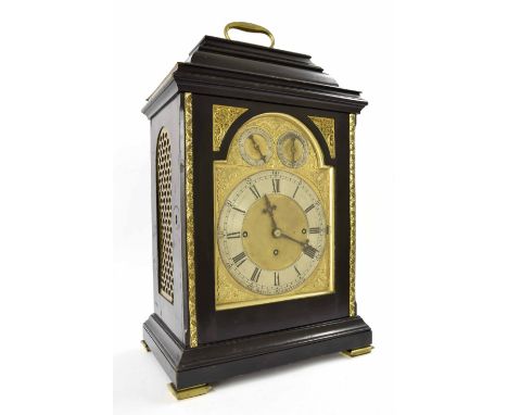 English ebonised triple fusee musical bracket clock, the 8" gilt brass arched dial with silvered chapter ring signed Barrie, 