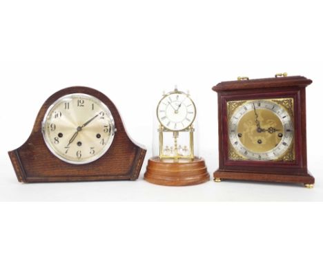 Contemporary German mahogany three train bracket clock, the movement playing on five rods, 11" high; also an oak three train 