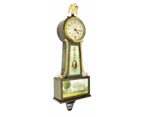 Seth Thomas banjo wall clock, the 5.25" silvered dial over portrait panels of Washington and The White House, 29.5" high (pen