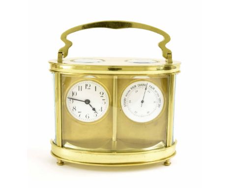 Duverdrey & Bloquel oval brass clock/barometer compendium, the 1.75" twin white dials within an oval case surmounted by a car