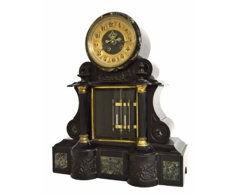 Good French black slate and green marble two train drumhead mantel clock, the Mougin movement striking on a bell, the 5" gilt