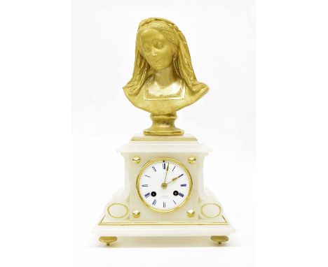 French alabaster and gilt metal figural two train mantel clock, the 3.25" white dial signed Herard á Tunnette, the Japy Frere