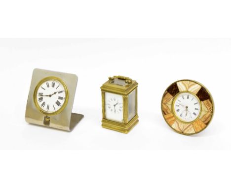 Miniature carriage clock timepiece within a gorge case, 4" high; also two small easel mantel timepieces (3)