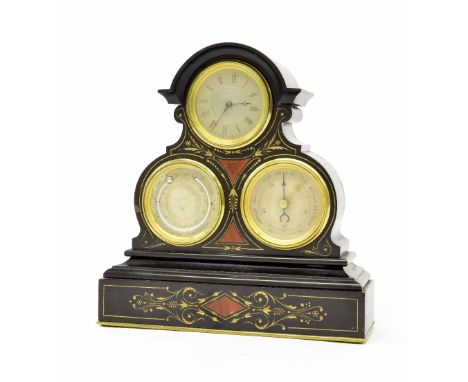 Small French black slate and red marble triple dial clock timepiece, the 2" silvered clock dial over thermometer and calendar