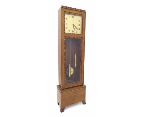 Mid 20th century oak three train longcase clock striking on eight rods, the 14" square gilt dial within a glazed case with ex