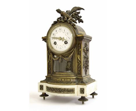 French ormolu and white marble two train mantel clock striking on a bell, the 3" white convex dial within a bow fronted case 
