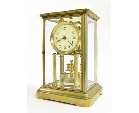 Gustav Becker brass four glass torsion mantel clock, the movement back plate stamped with the maker's trademark logo and no. 