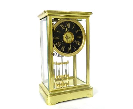 French brass four glass two train mantel clock, the Richard & Co movement striking on a bell, the 4.5" cream chapter ring enc