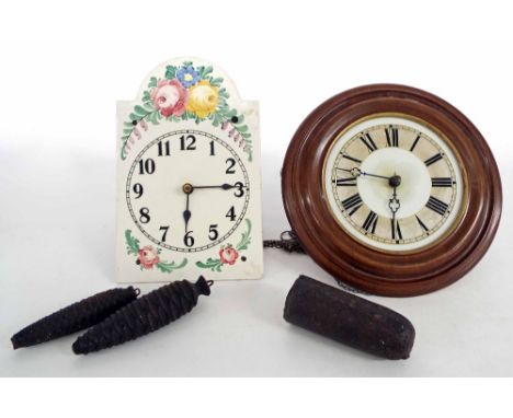 Black Forest two train wall clock, the 7" arched dial painted with flowering foliage (pendulum, and two weights); also anothe