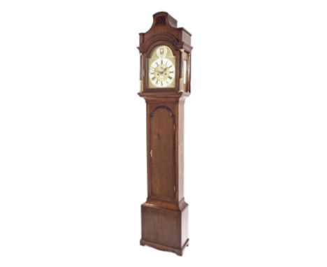 Oak eight day longcase clock with five pillar movement, the 12" brass arched dial signed Samuel Smith, London on an arched pl