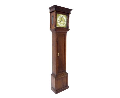 Oak thirty hour longcase clock, the 11" square brass dial signed William Upjohn, Exon on the shaped plate to the matted centr