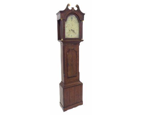 Oak and mahogany crossbanded eight day longcase clock in need of extensive restoration, the 12" painted arched dial signed Br