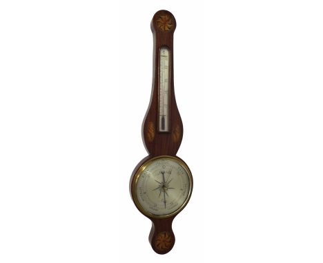 Good mahogany inlaid banjo barometer/thermometer, the 8.5" silvered dial signed Lione & Tarone, within a shaped case inlaid w
