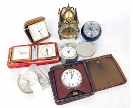 Three various Swiza eight day small clocks; also a Swiza Manhattan nickel-silver quartz desk clock and three other various tr