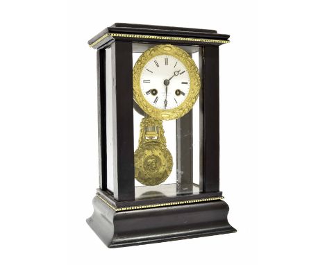 French ebonised four glass two train mantel clock striking on a bell, the 3" white dial signed Henry & Co á Paris, within a s