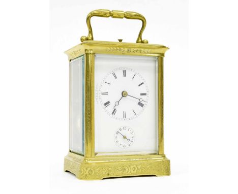 Repeater carriage clock with alarm, the Japy Freres & Cie movement striking on a bell stamped no. 27771, within a foliate eng