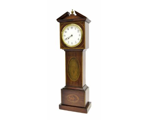 Miniature mahogany and inlaid longcase clock, the 3.5" white dial within a chevron banded case surmounted by a broken arch pe