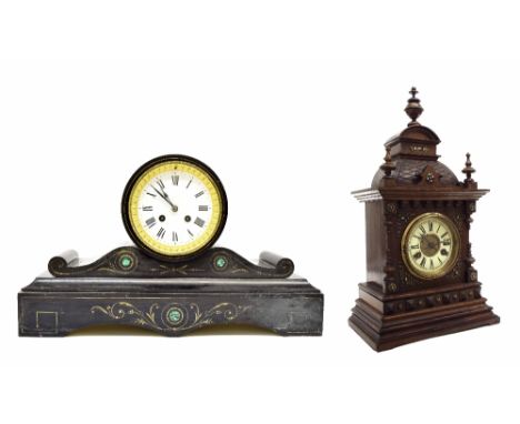 Junghans two train mantel clock striking on a gong, within a pillared stepped architectural case, 19" high (pendulum); also a
