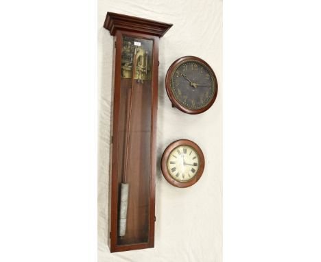 Pulsynetic type master clock, within a mahogany glazed case, 54" high; also with two slave dials (3)