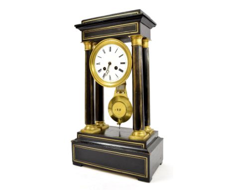 French ebonised and gilt metal mounted two train portico mantel clock, the Japy Freres movement with outside countwheel strik