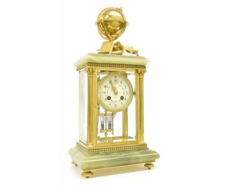 Good French green onyx and gilt metal four glass two train mantel clock, the movement striking on a gong over a twin barrel m