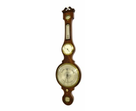 Good mahogany banjo five glass clock/barometer signed J Peni... London, the 10" principal silvered barometer dial beneath the