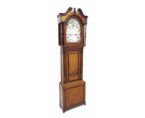 Oak and mahogany crossbanded eight day longcase clock, the 14" painted arched dial signed D.R. Jones, Penrhyndaudraeth to the