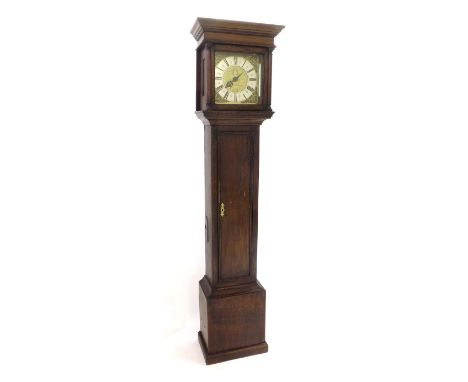 Oak thirty hour longcase clock, the 10" square brass dial with silvered chapter ring enclosing a foliate engraved centre, the