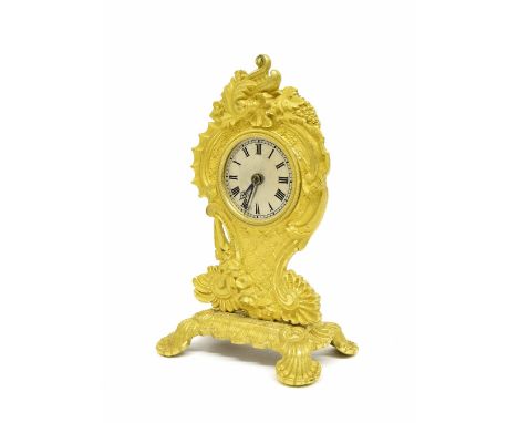 Small ormolu mantel clock timepiece, the 1.75" silvered dial within a rococo style case cast with foliage and fruiting vines,