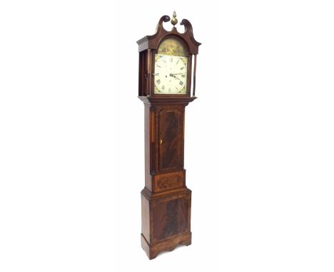 Scottish mahogany and crossbanded eight day longcase clock, the 13" painted arched dial indistinctly signed and with subsidia