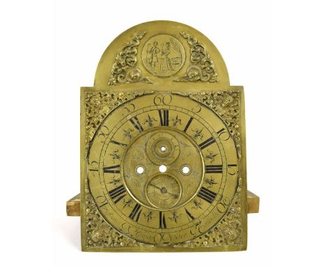 Eight day longcase clock 12" brass arched dial signed James Gandy, Cockermouth on the chapter ring, enclosing a foliate engra