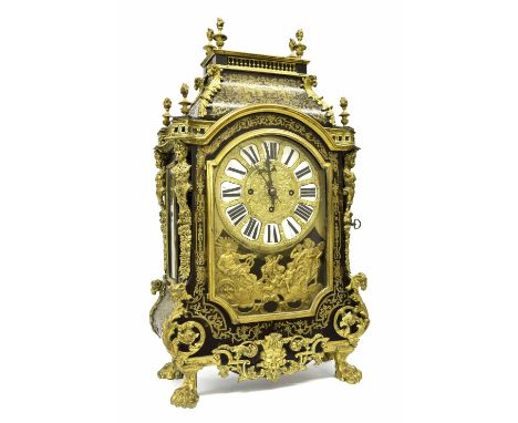 Good English triple fusee five pillar verge bracket clock movement with associated French boulle case and dial, the highly de