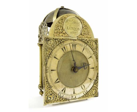 Interesting early English verge lantern clock made for the Turkish market, the 8" brass arched dial signed Wm. Dent, London, 