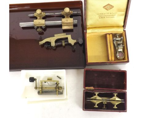 Watch depthing tool within a fitted case; together with two watchmakers' turns, watch balance poising tool (box) and a carria