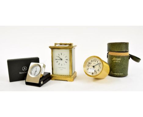 Matthew Norman brass carriage clock timepiece, 6" high; also a novelty Lorenz Static bullet shaped desk timepiece within a po