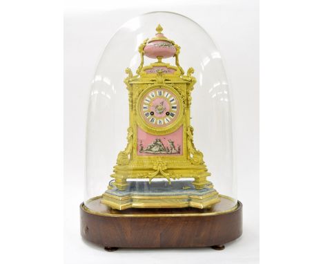 Fine French ormolu and porcelain mounted two train mantel clock, the 3.75" pink porcelain dial signed Hamilton Crighton & Co,