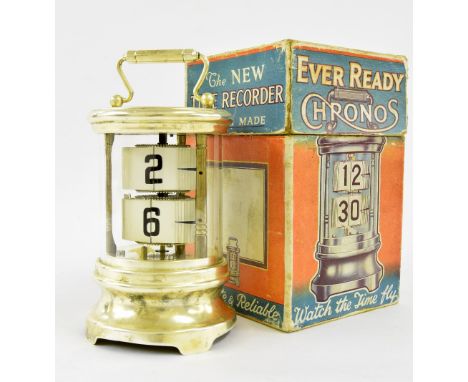 Eveready Chronos cylindrical brass ticket clock, 6.5" high, within the original box inscribed 'The New Time Recorder, British